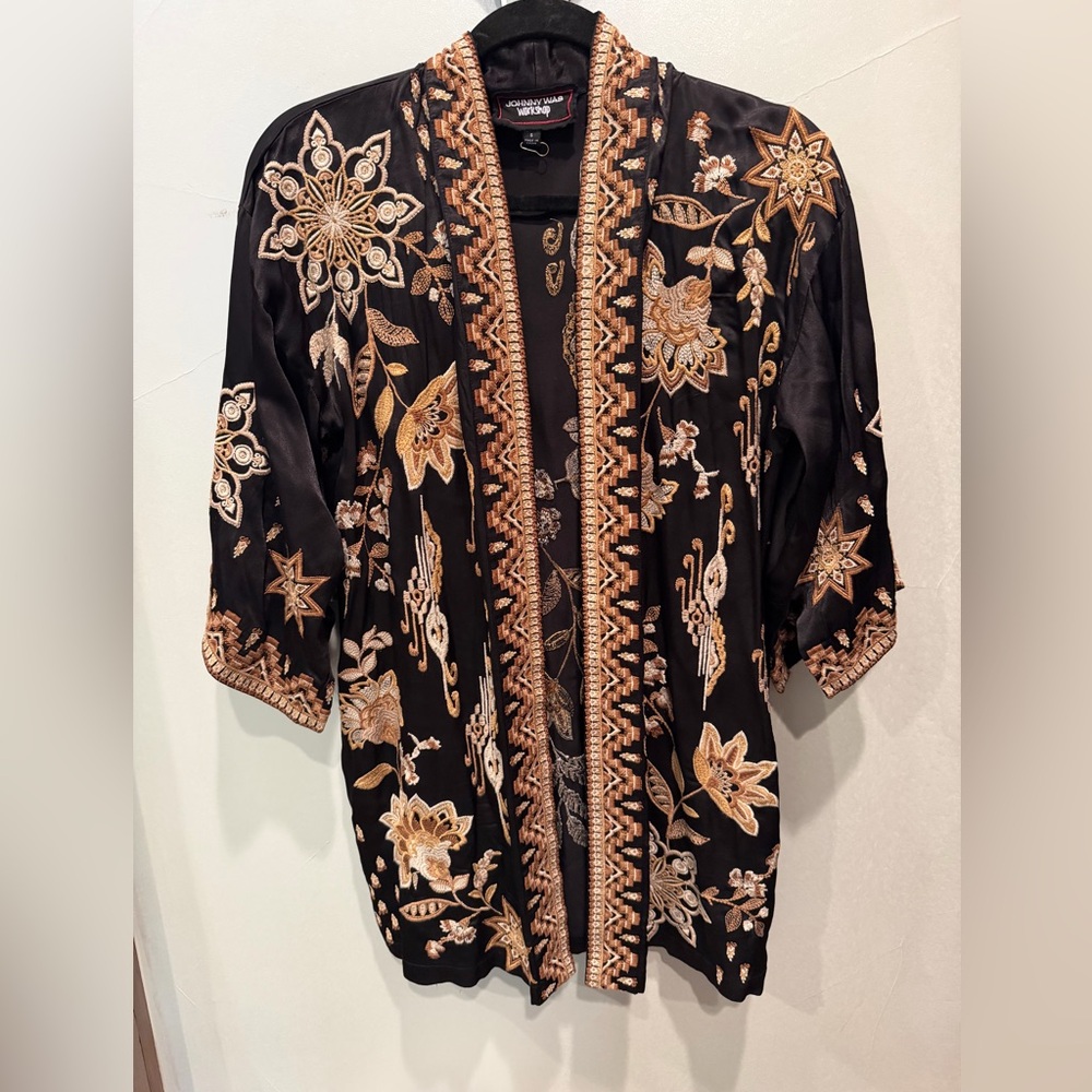 Johnny Was Black Open-Front Jacket with Gold and Cream Embroidery